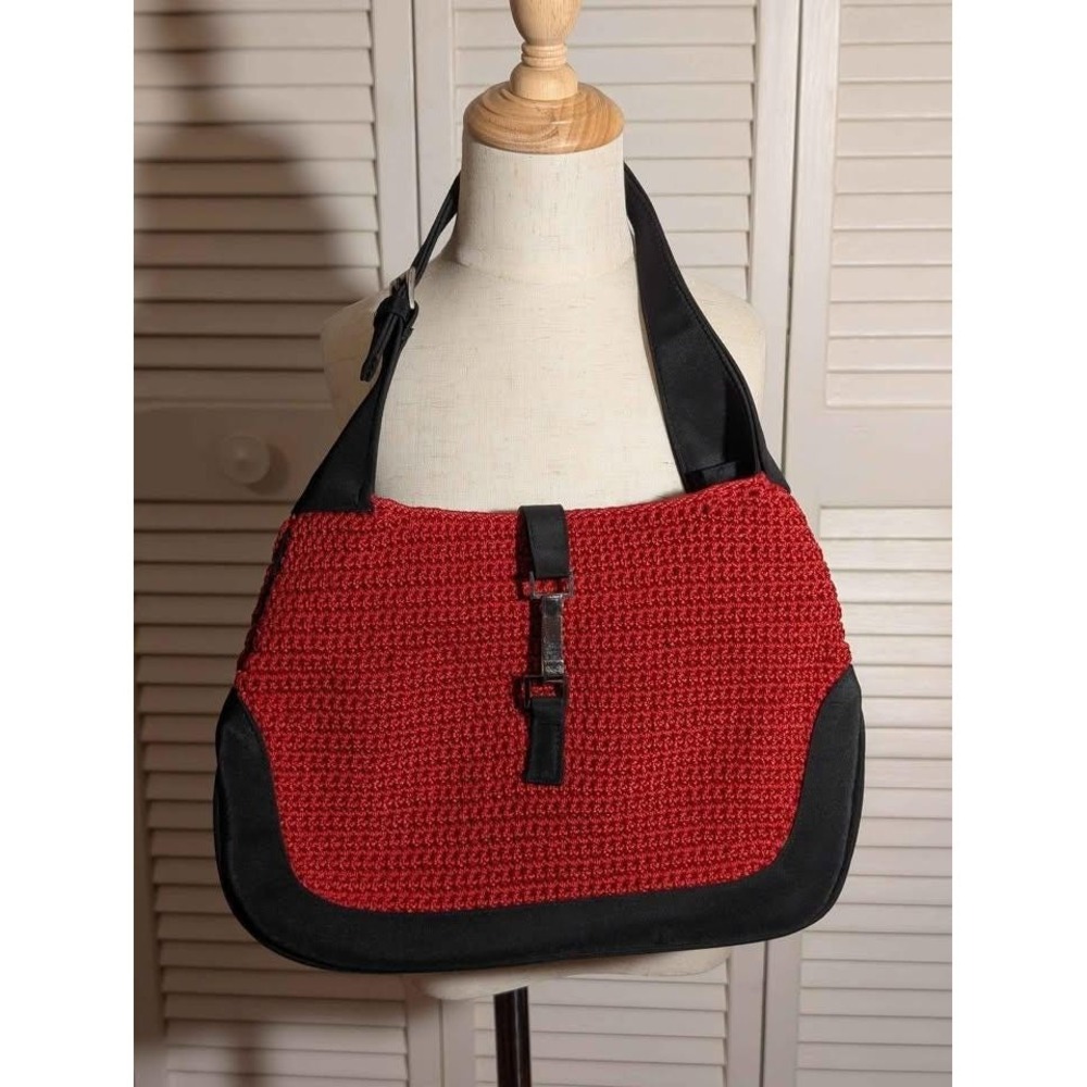 Vintage Style‎ Red Textured Shoulder Bag Black Satin Trim Buckle